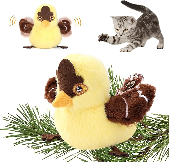 Cat Toys Flapping Bird (No Flying)，Rechargeable Touch-Activated Interactive Toy with Lifelike Chirp for Indoor Cats & Kittens Exercise (Goldfinch