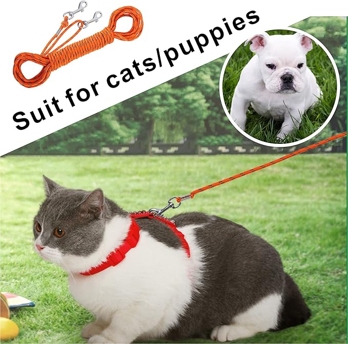 Reflective Cat Leash -50FT Cat Cable Out Escape Proof Walking Leads Yard Long Durable Safe Personalized Extender Leash Traning Play Outdoor for Puppies/Kittens/Rabbits/Small Animals