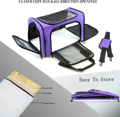 Soft Sided Carrier for Small Medium Cats Dogs,TSA Airline Approved Collapsible Travel Pet Carrier Medium Purple