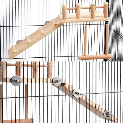 Bird Perches Platform Swing with Climbing Ladder, Parakeet Cage Accessories Wooden Playing Gyms Exercise Sturdy for Small Birds