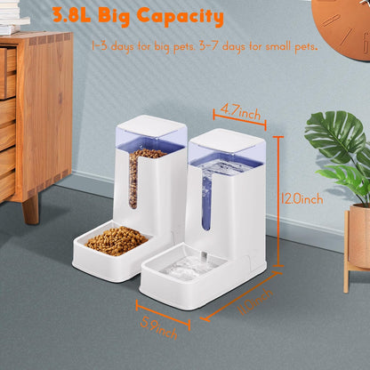 2 Packs Automatic Cat Feeder and Waterer, Gravity Dog Food and Water Dispenser Set for Small Medium Big Pets Cats Dogs Puppy Kitten, 1 Gallon x 2 (White)