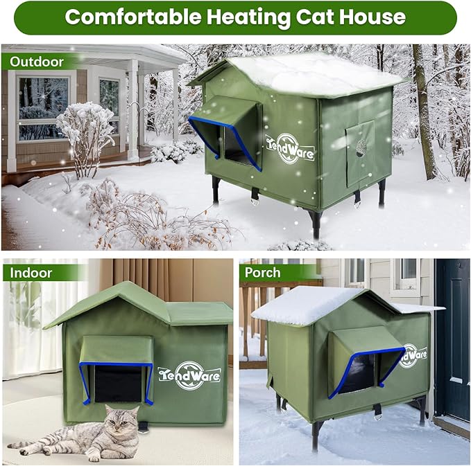 Heated Cat House for Outside Outdoor Cat House with Elevated Base Cat-Attracting Eave Design Feral Stray Shelter Weatherproof in Winter Garage Yard Porch Size M