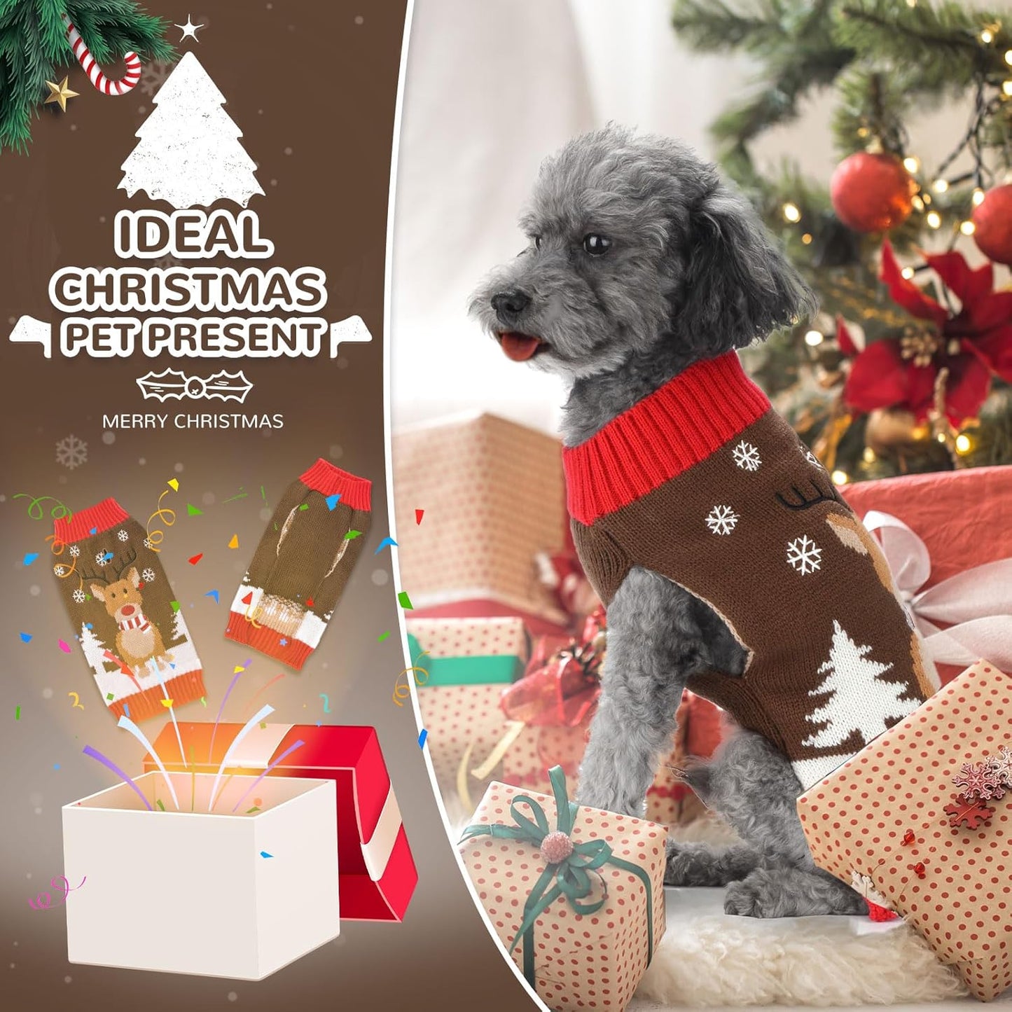 PETCARE Brown Reindeer Dog Sweater Christmas Vest Ugly Snow Xmas Puppy Costume Pet Holiday Warm Fall Winter Clothes for Small Medium Large Dogs Cats Pullover Sweaters Outfits