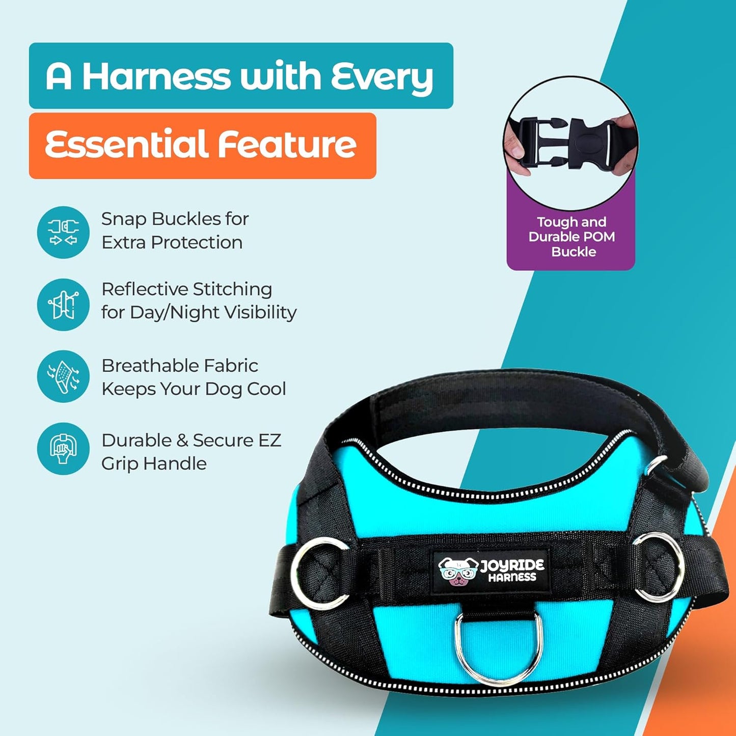 Joyride Basic Essential Dog Harness 1.0 - Small, Medium, Large Dogs, No-Pull Pet Vest with 3 Side Rings for Leash Placement, Adjustable for Training (Teal, XS)