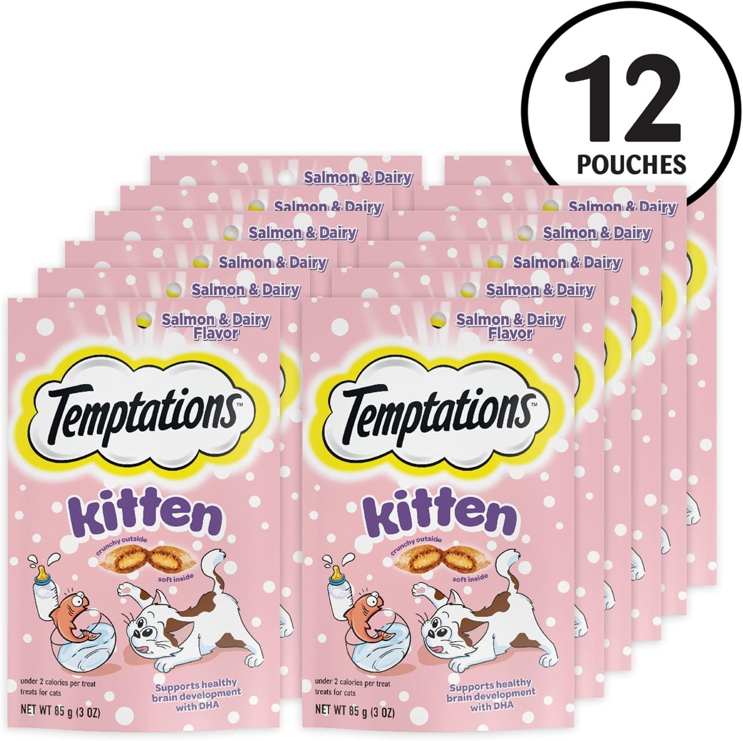 Temptations Kitten Crunchy and Soft Cat Treats Salmon and Dairy Flavor, 3 oz. Pouch, (Pack of 12)