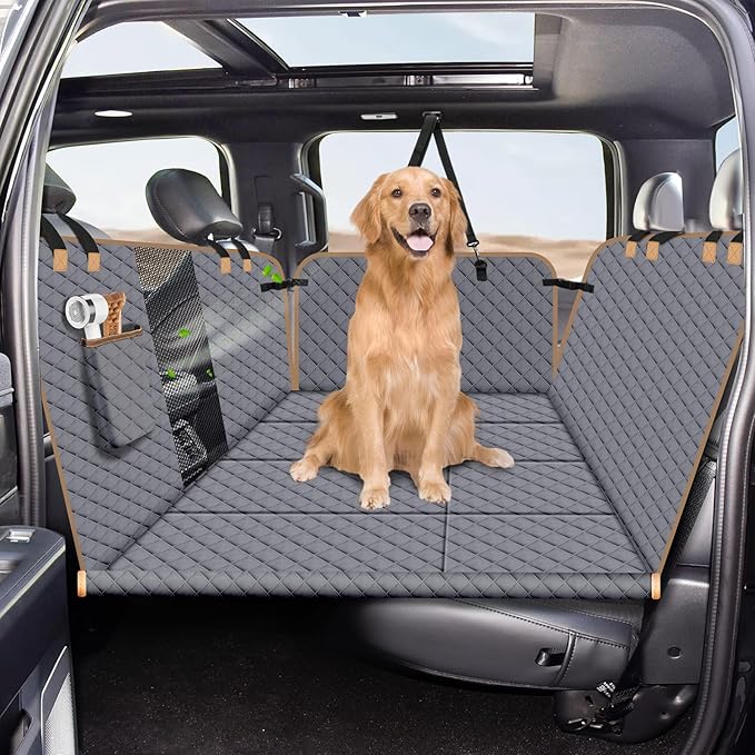 Dog Car Seat Cover for Back Seat, Dog Car Bed Cover with Strong Hard Bottom, Back Seat Extender Hammock for Cars SUV Truck 4 Panels Gray Color Large Size