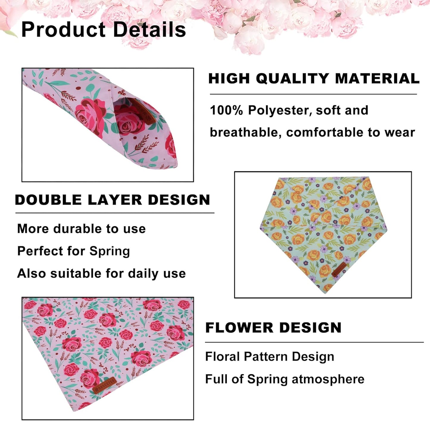 ADOGGYGO Floral Dog Bandana, Red Yellow Rose Pet Scarf, Adjustable Fit Flower Bandanas for Extra Large Dogs Pets (X-Large)