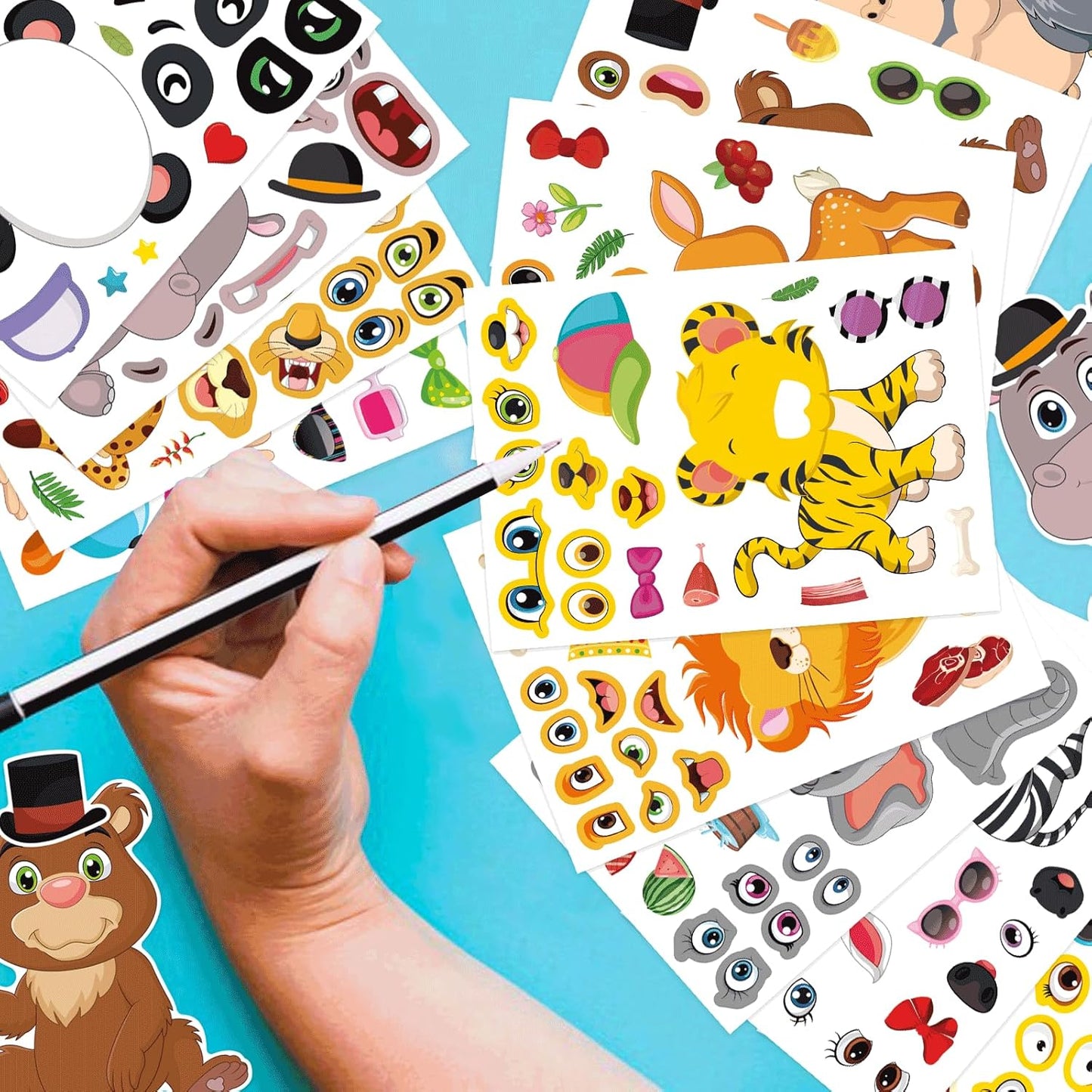 48 Sheets Make Your Own Safari Animal Stickers for Kids Ages 3+, Make-a-face Stickers, Jungle & Zoo Party Favors Supplies, Classroom Teacher Reward