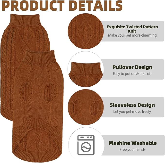 PUPTECK Winter Cat Sweater Coat - Soft Warm Cold Weather Clothes Knitwear for Kittens & Small Dogs Indoor Outdoor Wearing, Knitted Classic for Doggies Kitties Girls Boys, Brown, L