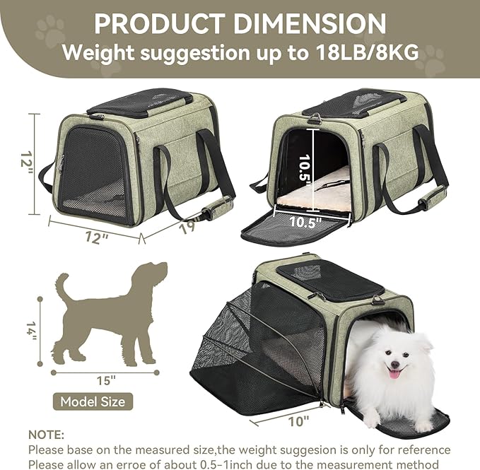 Petsfit Expandable Cat Carrier Dog Carrier, Soft-Sided Collapsible Portable Pet Carrier, 19x12x12, Green