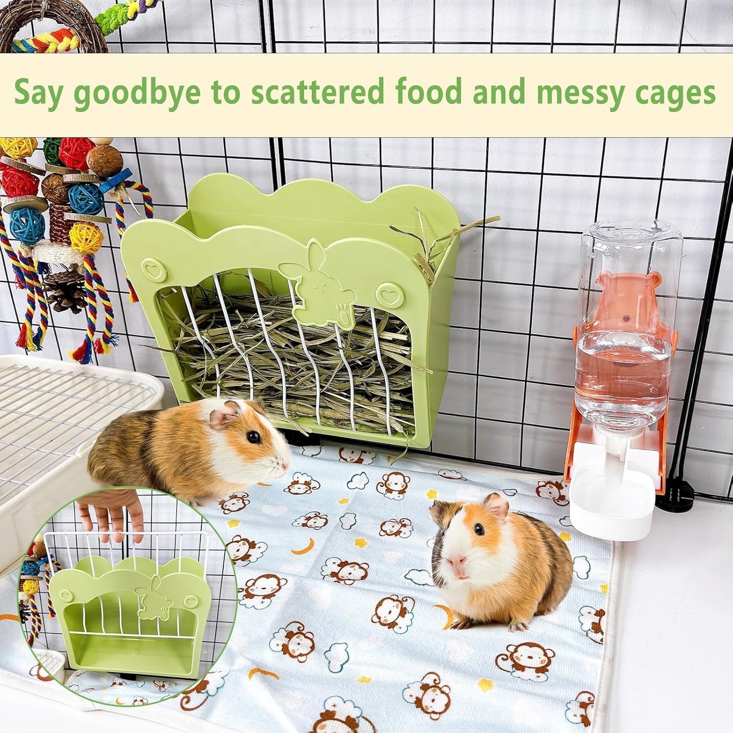 Hamiledyi Rabbit Hay Feeder 500ml Hanging Gravity Water Dispenser Guinea Pig Grass Rack Water Bottle Set for Bunny Ferret Chinchilla(Green&Orange)