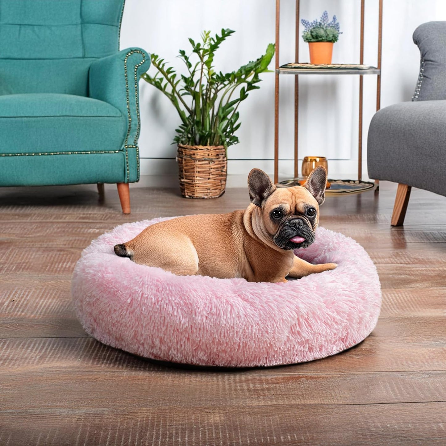 PetAmi Calming Dog Bed for Small Medium Dog Cat, Round Donut Dog Bed Washable, Fluffy Faux Fur Plush Cuddler Pet Kitten Cushion Bed, Anti-Slip, Fits up to 25 lbs, 23 inch, Pink