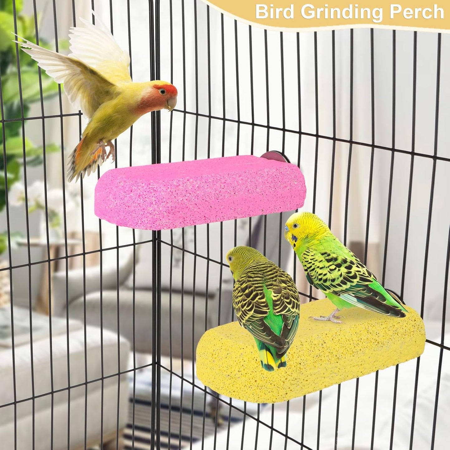 Wontee Bird Chewing Toys Grinding Beak Bird Perch Stand for Budgies Parakeets Cockatiels Lovebirds Conures Rats Squirrels, 2 Packs (Yellow+Fuchsia)