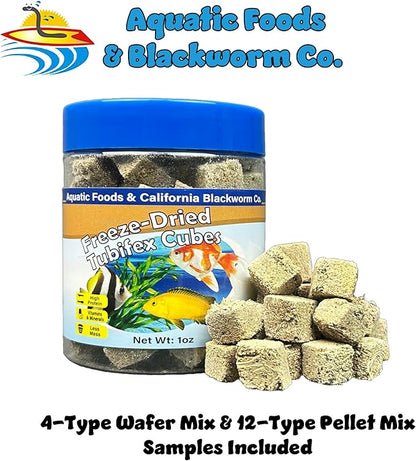 Aquatic Foods Inc. Tubifex Worms, Freeze Dried Tubifex Worm Cubes for Cichlids, Discus, Goldfish, Bettas, Marine Fish, All Tropical Fish, 12-Type Pellet Mix, 4-Type Wafer Mix Included...1oz Canister