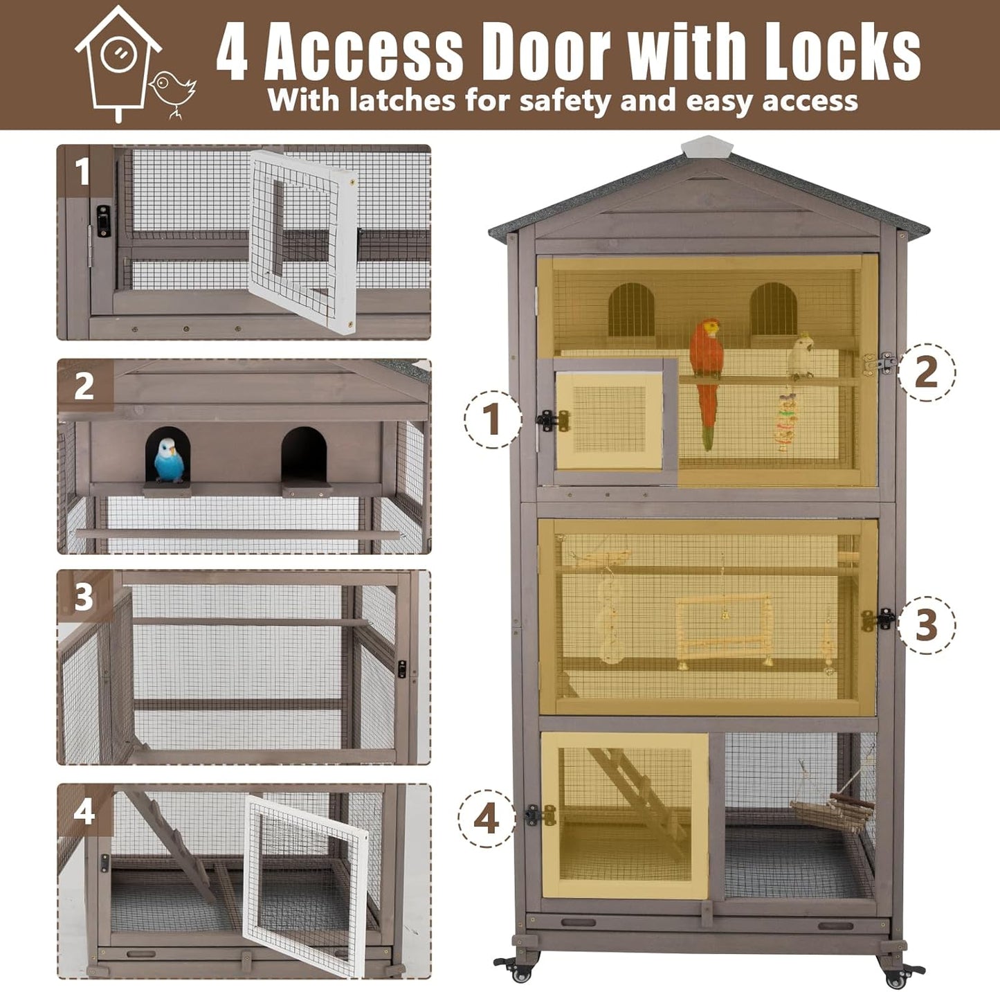 Flight Bird Cage Outdoor Large Wooden Bird Aviary Parrot Cage for Parakeet, Finches and Any Small Birds - Pull Out Wire Netting, Slide-Out Tray, 2 Perches, Nest House, 4 Wheels Include, Grey
