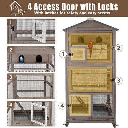 Flight Bird Cage Outdoor Large Wooden Bird Aviary Parrot Cage for Parakeet, Finches and Any Small Birds - Pull Out Wire Netting, Slide-Out Tray, 2 Perches, Nest House, 4 Wheels Include, Grey
