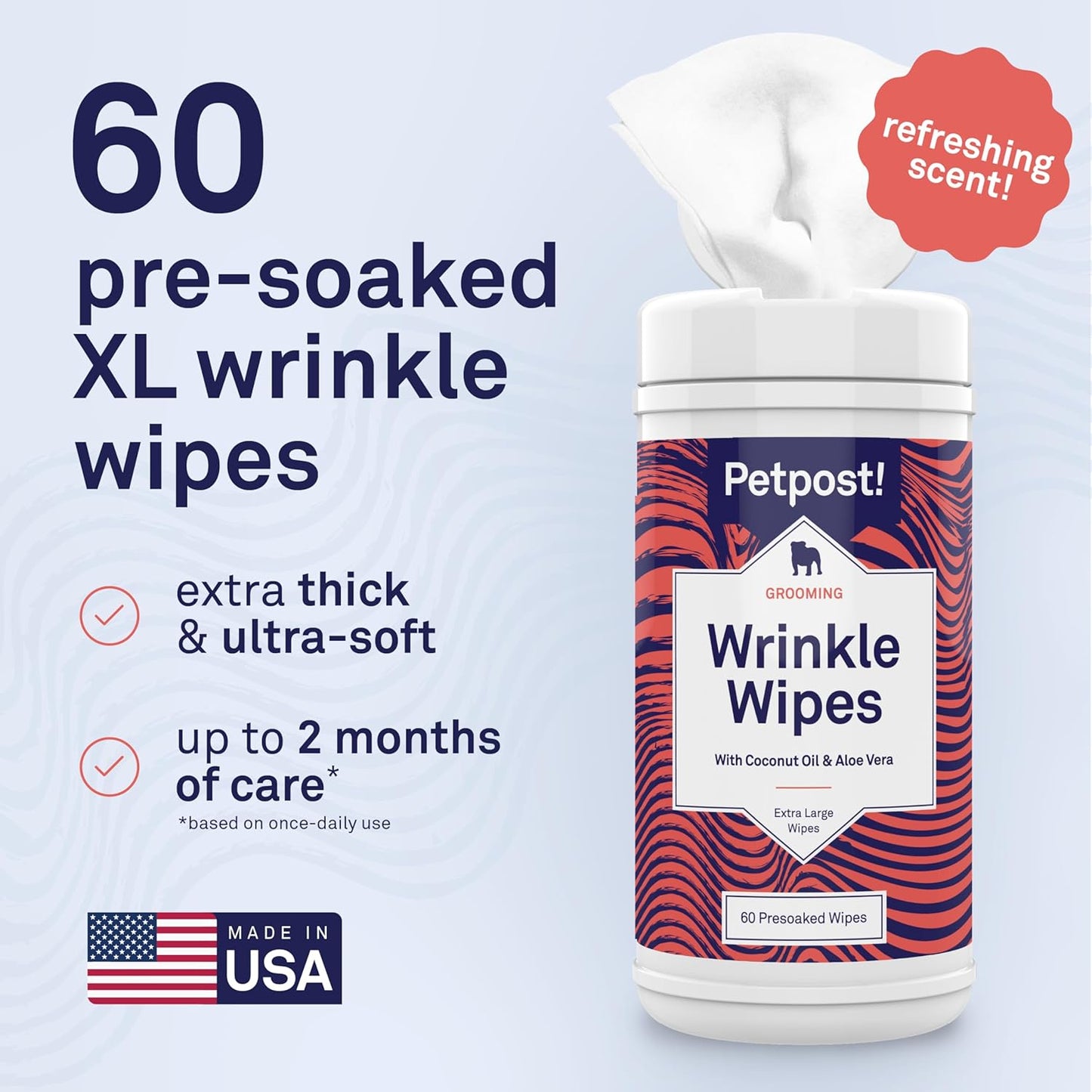 Petpost Large Wrinkle Wipes for Dogs | 60 Count 5x7 Dog Face & Wrinkle Cleaner | Gentle Pet Wipes with Coconut Oil & Aloe for Bulldogs, Pugs & Wrinkly Breeds | Dog Cleaning Wipes