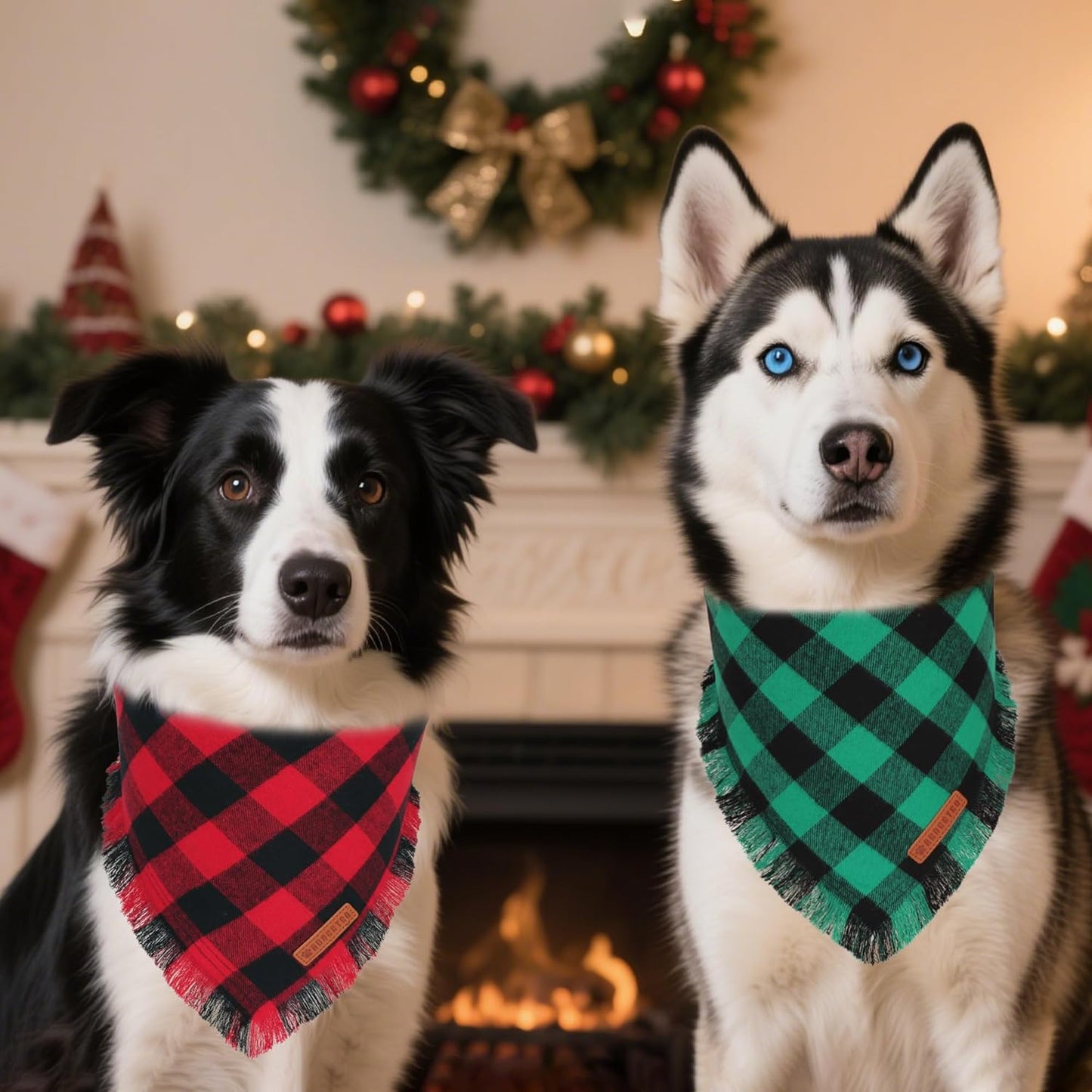 ADOGGYGO Christmas Dog Bandanas with Tassels, Classic Plaid Xmas Scarf Bib, Premium Cotton Fabric, Red Green Plaid Christmas Bandanas for Medium Large Dogs (Large)