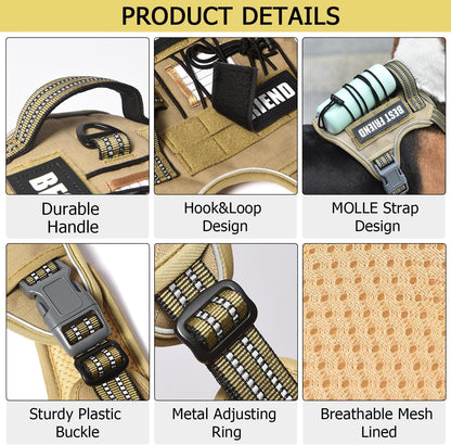 PET MARVEL Tactical Dog Harness for Large Size, No Pull Military Dog Vest with Easy Control Handle, Molle Hoop & Loop, Adjustable Reflective Reinforced Stich for Walking Training, Brown