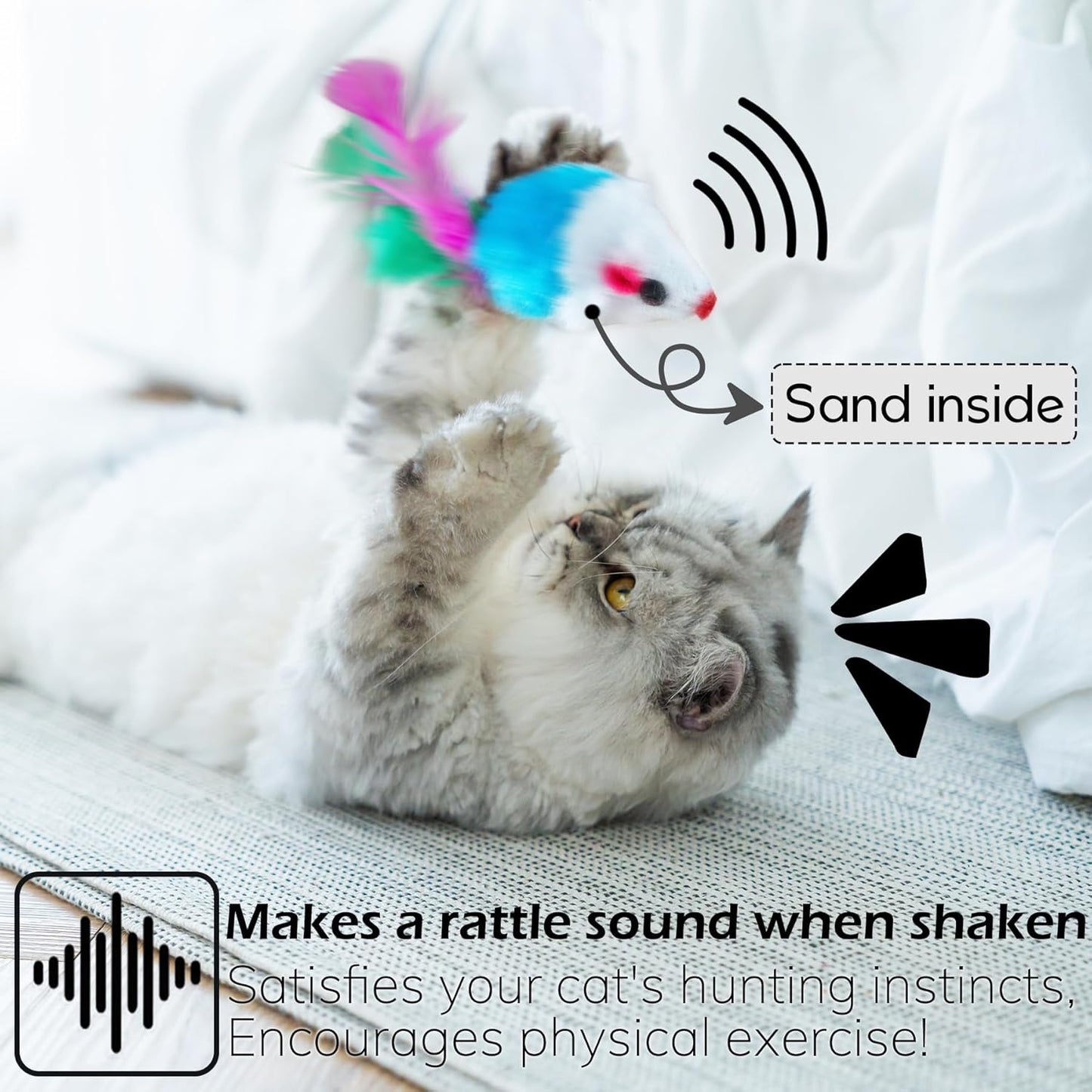 20 PCS Furry Cat Toys Squeak Mouse Rattle Mice Cat Catcher Pet Toys with Feather Tails (Random Color)