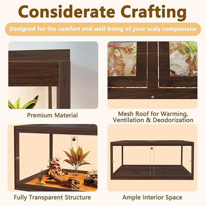 PROLEE Bearded Dragon Tank,81 Gallon Reptile Tank with Meatl Mesh Roof and Front Sliding Door, Anti-Scratch Lizard Tank,Spacious Reptile Enclosure for Snakes,Lguanas, Chameleons(Walnut)