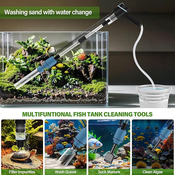 BOSTANA Aquarium Vacuum Gravel Cleaner,24W Electric Fish Tank Cleaning Tools,Multifunctional Fish Tank Gravel Cleaner Vacuum for Water Changer Wash Sand Circulation (Blue+Black)
