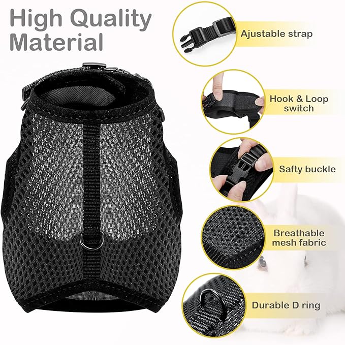 PETTOM Bunny Rabbit Harness with Stretchy Leash Cute Adjustable Buckle Breathable Mesh Vest for Kitten Small Pets Walking (Black,L)