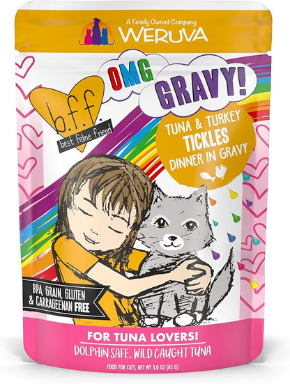 Weruva B.F.F. OMG - Best Feline Friend Oh My Gravy!, Tuna & Turkey Tickles with Tuna & Turkey in Gravy Cat Food, 3oz Pouch (Pack of 12)