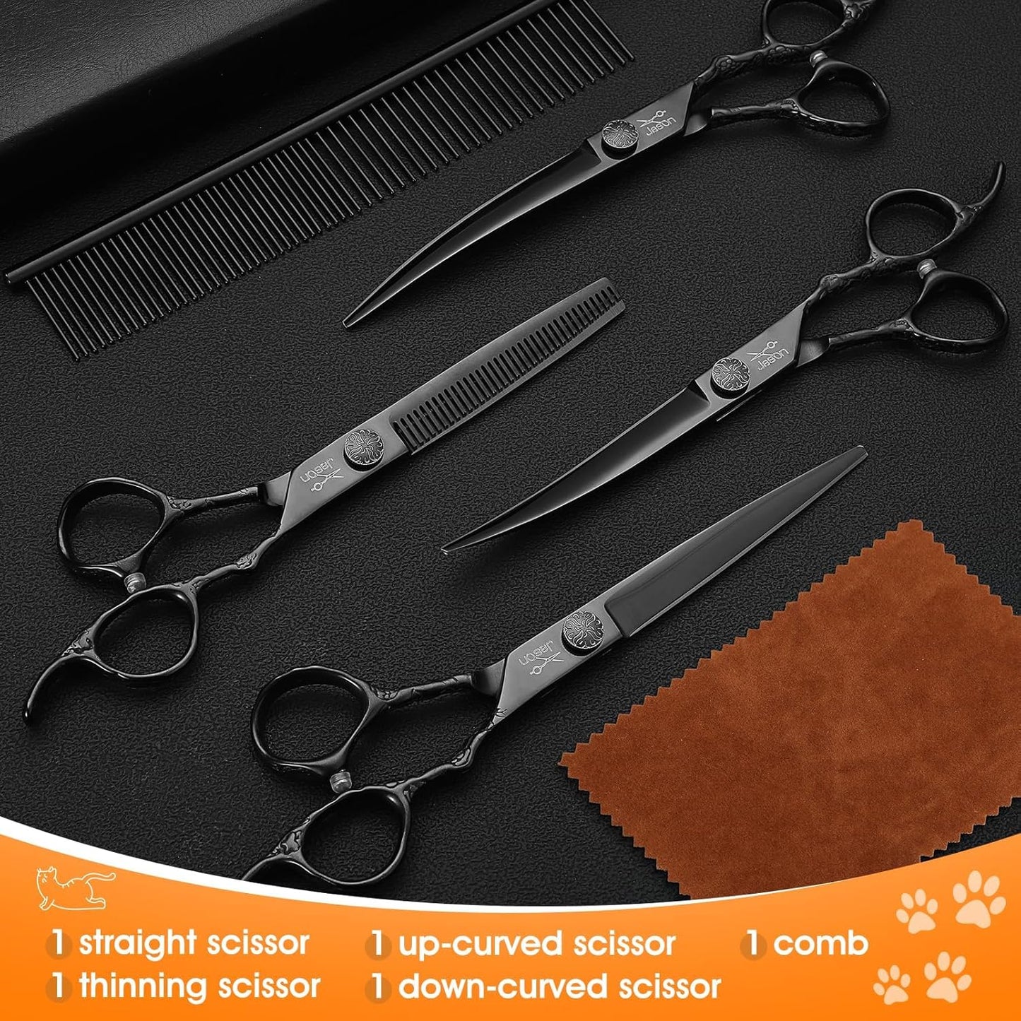 JASON Professional Dog Grooming Scissors Set - 6 in 1 Dog Shears Kit with 6.5" Thinning, 7" Straight, 7" Up-Curved, 7" Down-Curved Shears and Comb for Cat and Pet, Adjustable Screw (Black)
