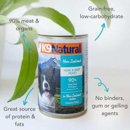 K9 Natural Wet Dog Food Pate, Hoki & Beef Feast, 13 Oz Cans (Pack of 12), Grain Free, Made in New Zealand with Sustainably Caught Hoki Fish and Grass-Fed and Finished Beef