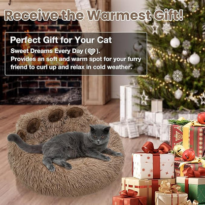 Calming Dog Bed Cat Bed Medium Size Dog - Donut Washable Medium Pet Bed, Warm Kitten Nest 24 inches Anti-Slip Round Fluffy Plush Faux Fur Cat Bed, Fits up to 25 lbs Pets, (Classic Camel)