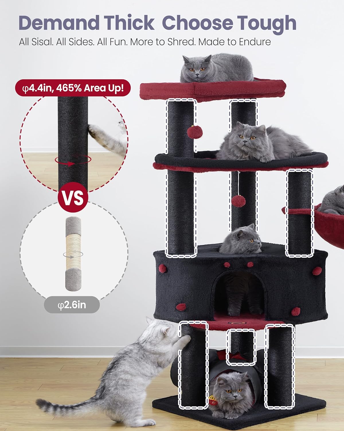 Cat Tree Tower for Indoor Cats Large Adult - Heavy Duty Extra Wide Scratching Post (φ4.4in) Maine Coon Condo House with Hammock Tunnel - 60 Inch XL Feline Bed Trees - Big Multi Level Cat Houses Stand