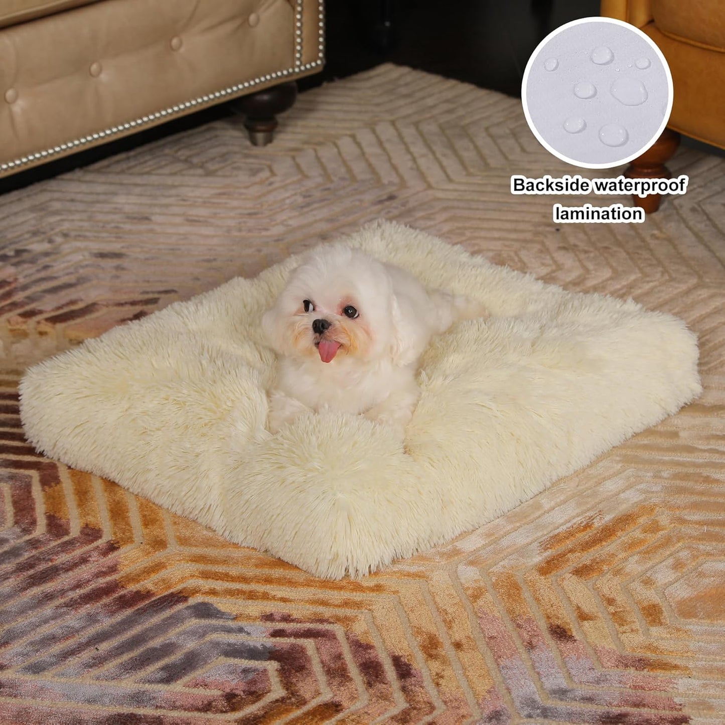 Bedfolks Waterproof Dog Crate Pad, Plush Dog Kennel Bed with Removable Cover, Faux Fur, Washable, 17"x12", Cream