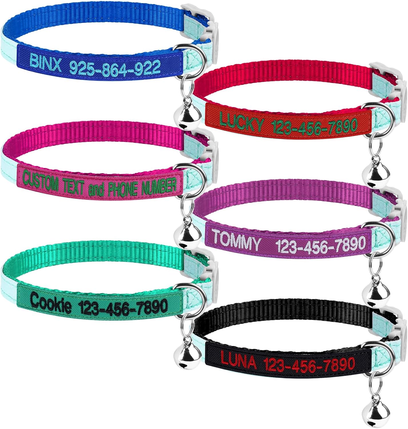 Personalized Nylon Cat Collar Breakaway with Bell, Custom Glow in The Dark ID Collar with Embroidered Name and Phone Number (Glow in The Dark)
