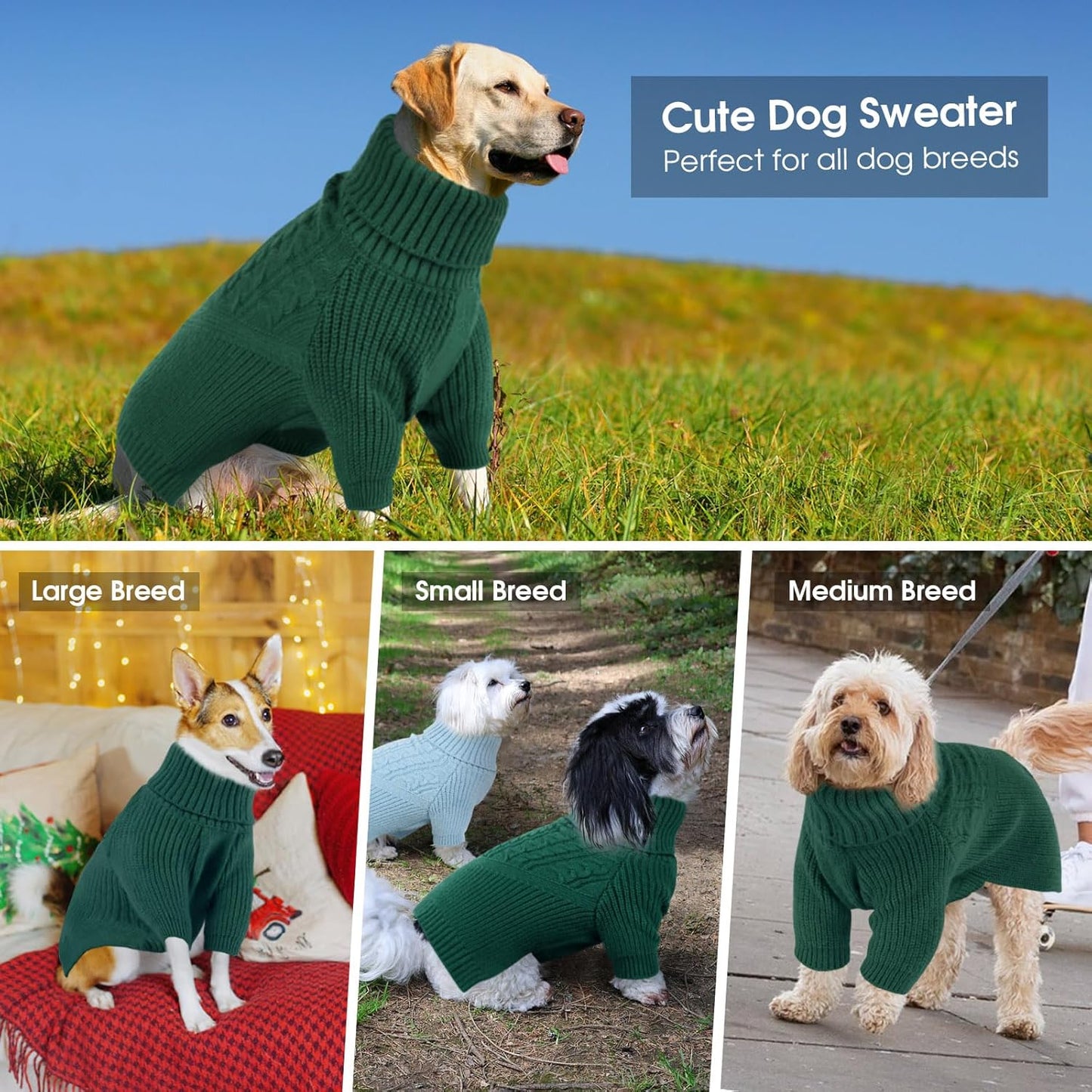 Queenmore XS Dog Sweater, Dog Sweaters for Small Dogs Girl or Boy, Dog Christmas Sweater XSmall, Winter Puppy Doggie Sweatshirt Knitwear, Pet Chunky Warm Coat for Medium Large Size Dogs, Green XS
