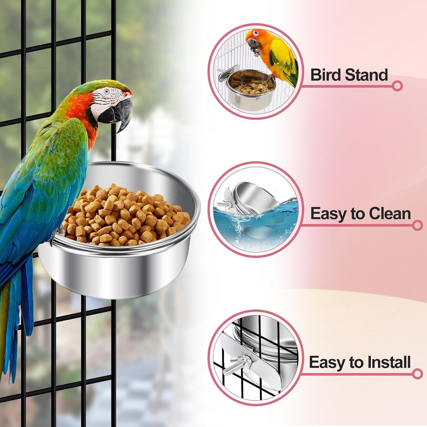 ToLanbbt 8 Pcs Stainless Steel Bird Food Bowls Bird Water Bowls with Clamp Holder, Parrot Feeding Dish Cups Parrot Cage Coop Feeders for Cockatiel Conure Budgie Parakeet Macaw Lovebird Small Animal, S
