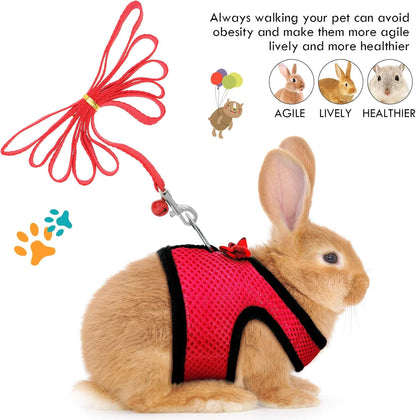 SATINIOR 2 Pieces Guinea Pig Bunny Harness Soft Mesh Hamster Rat Leash with Safe Bell, Ferret Pig Clothes and Leash Set for Hamster Ferrets Rats Bunny Guinea Chinchilla Teacup Chihuahua(S,Black, Red)
