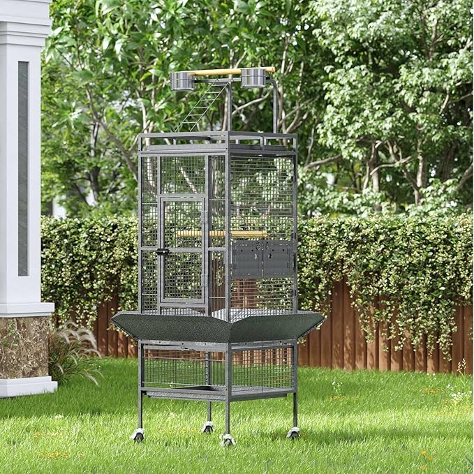 61-Inch Large Parrot Bird Cages with Rooftop Playground, Rolling Caster Wheels, Wrought Iron Birdcage for Small Medium Parrots, Macaws, Cockatoos – Indoor/Outdoor Use for Homes, Aviaries
