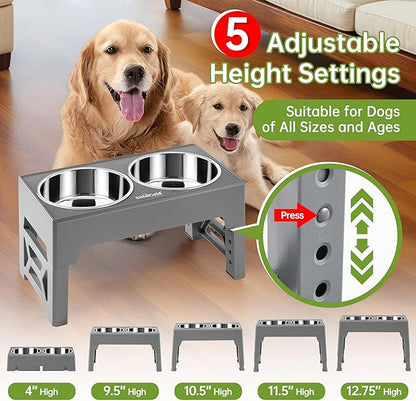 EliteField Elevated Dog Bowls (2-Year Warranty), Two 58 oz Stainless Steel Food Bowls, 5 Adjustable Raised Heights (4", 9.5", 10.5", 11.5", 12.75") Suitable for Dogs of All Ages, Small to Large Sizes