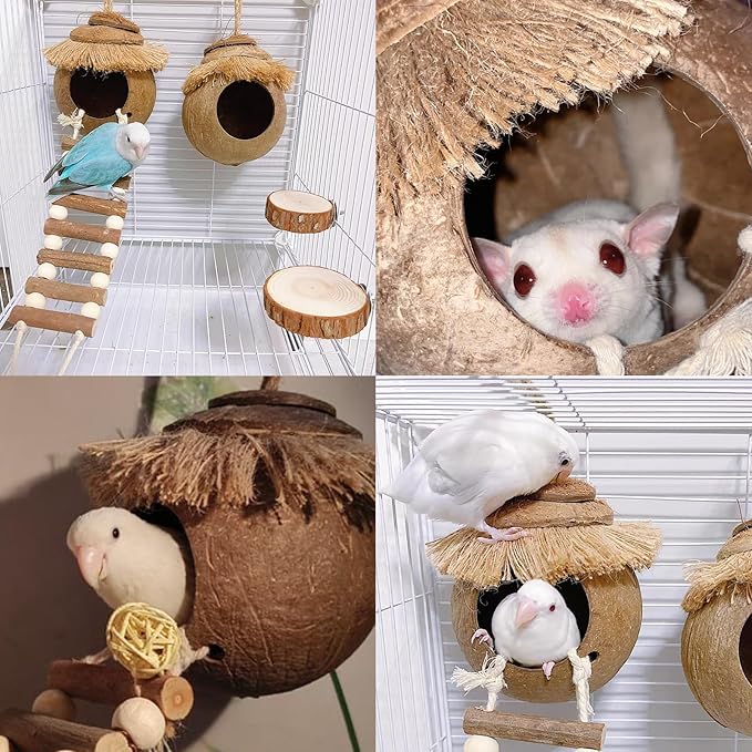 Hamiledyi Coconut Bird Nest Hut with Ladder Hanging Birds Hide House for Parrots Parakeet Conures Cockatiel