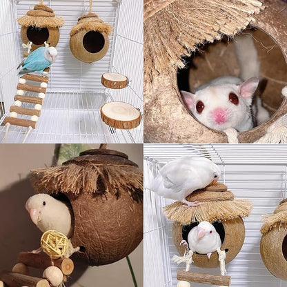 Hamiledyi Coconut Bird Nest Hut with Ladder Hanging Birds Hide House for Parrots Parakeet Conures Cockatiel