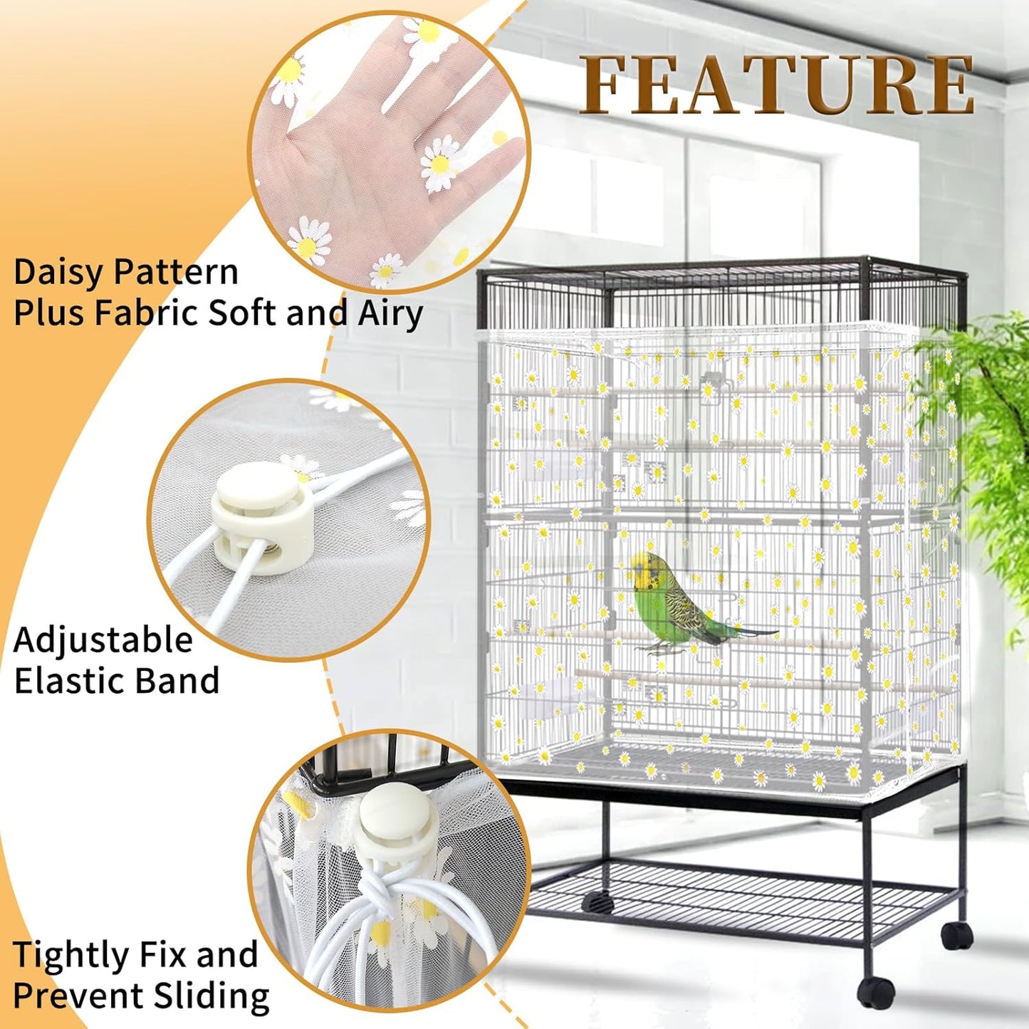 Daoeny Bird Cage Seed Catcher, Large Bird Cage Cover, Adjustable Soft Airy Nylon Mesh Net, Birdcage Cover Skirt Seed Guard for Parrot Parakeet Macaw African Round Square Cages (White, Daisy Design)