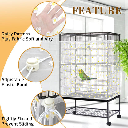 Daoeny Bird Cage Seed Catcher, Large Bird Cage Cover, Adjustable Soft Airy Nylon Mesh Net, Birdcage Cover Skirt Seed Guard for Parrot Parakeet Macaw African Round Square Cages (White, Daisy Design)