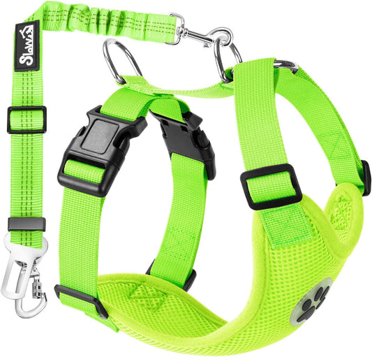 Lukovee Dog Seat Belt for Car, Adjustable Dog Car Harness for Large Medium Small Dogs, Soft Padded & Breathable Mesh Dog Seatbelt with Car Strap and Carabiner(Lime Green Double Clip,Large)