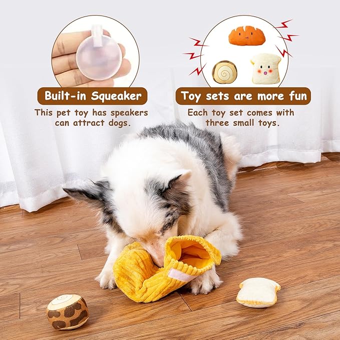 Hollypet Squeaky Dog Toy, Interactive Plush Hide and Seek Dog Toys for Small Medium Sized Dogs and Non-Aggressive Chewers, Puppy Teeth Clean Chew Toys, Bread