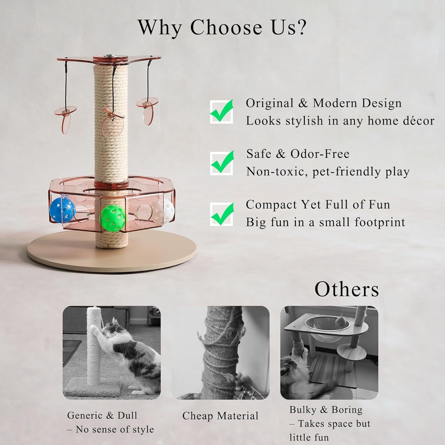 Modern 3-in-1 Interactive Cat Toy with Scratching Post, Rotating Cat Puzzle Toys for Indoor Cats with Colorful Jingle Balls, Spinning Teaser Disc with Dangling Toys, Acrylic, Pink