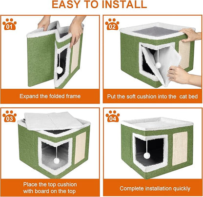 Cat Houses for Indoor Cats - Large Cat Bed Cave with Scratch Pad and Fluffy Ball, Foldable Cat Condo Hideaway with Reversible Cushion for Multi Small Pet, Green