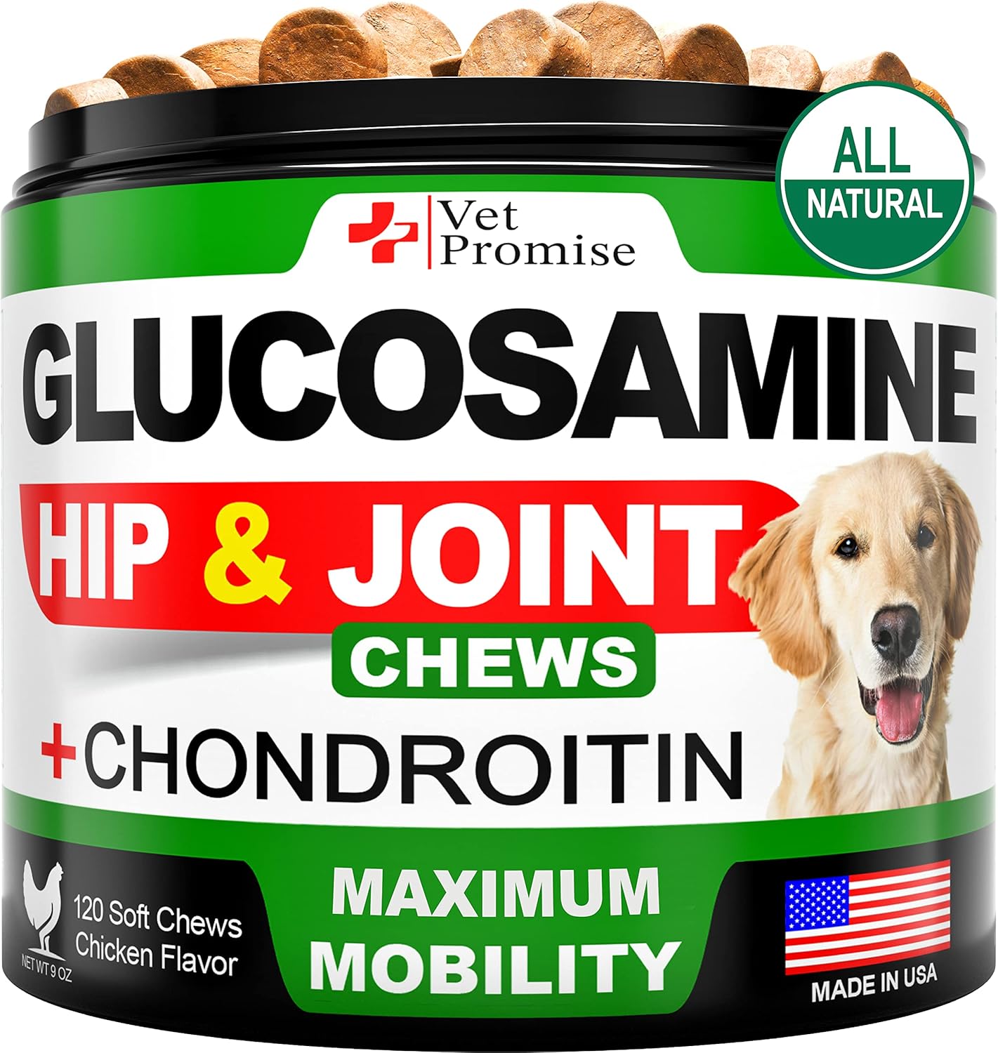 Vet Promise Glucosamine for Dogs - Hip and Joint Supplement for Dogs - Glucosamine Chondroitin - Joint Pain Relief Pills - MSM - Advanced Health Support Supplement - 120 Mobility Chews - Made in USA