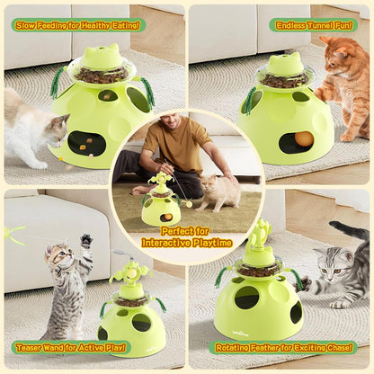 4-in-1 Cat Toys, Interactive Cats Toy with Track Balls, Fluttering Feathers, Slow Food Dispenser, Fun & Engaging Cat Toys for Bored Indoor Cats, Durable & Safe (Green)