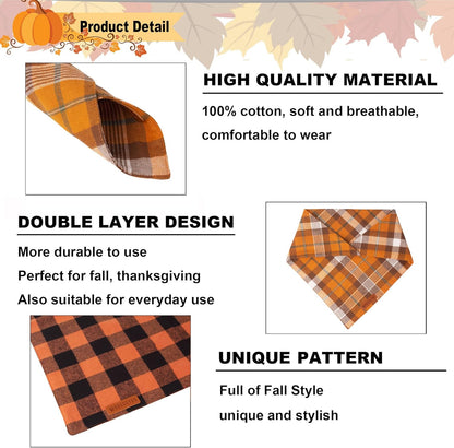 ADOGGYGO Fall Dog Bandanas 2 Pack, Halloween Thanksgiving Holiday Pet Scarf, Multiple Sizes Offered, Orange Plaid Fall Bandana for Small Dogs Cats Pets (Small)